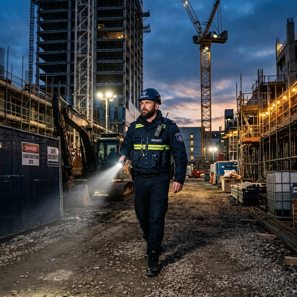 Construction site security guard patrolling building site