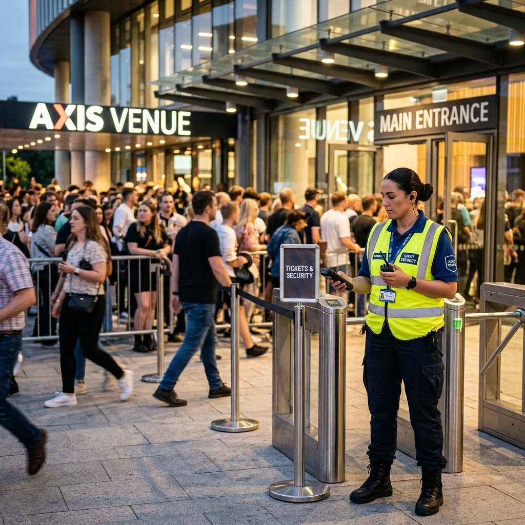Event Security Officer in high-vis at venue entrance